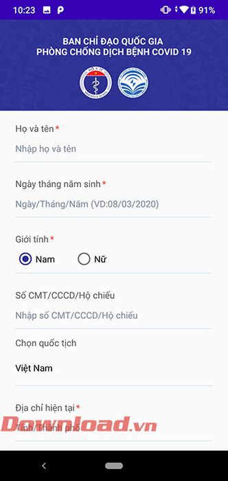 Giao diện chính của ứng dụng NCOVI