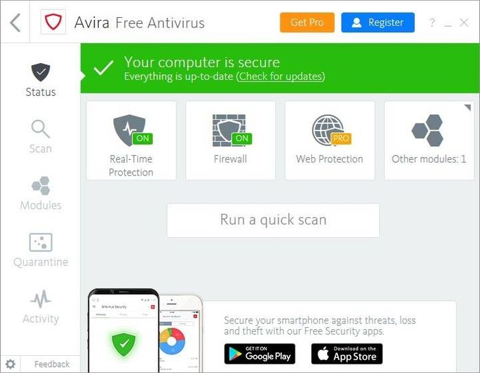 Giao diện Avira Free Antivirus