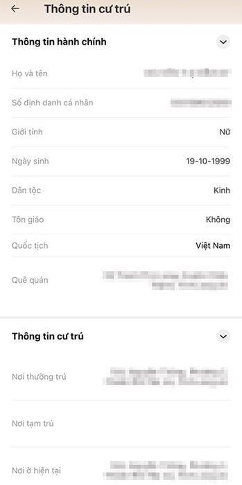 Thông tin cá nhân chi tiết của công dân