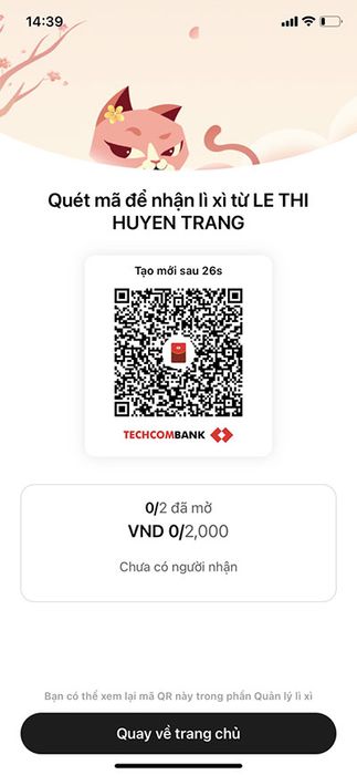 Hướng dẫn lì xì trên app Techcombank: 11*414978