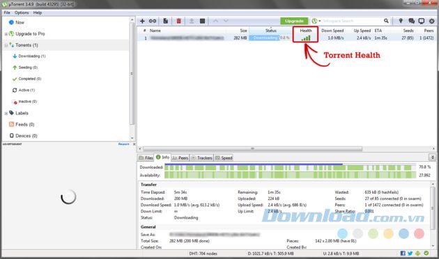 Hiển thị tình trạng Health của tệp torrent