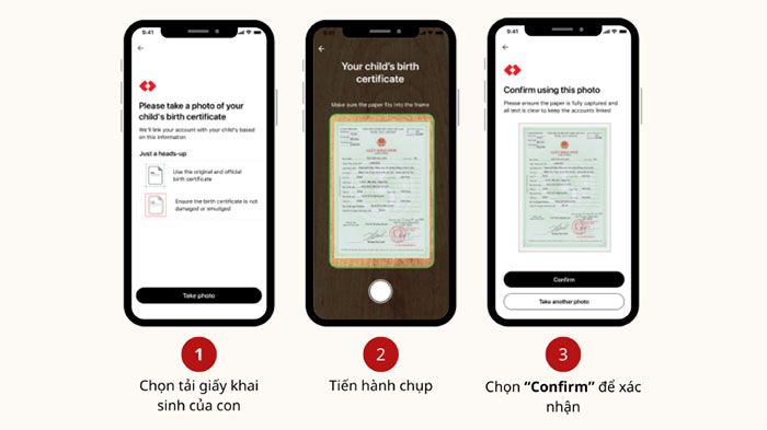 Chọn tải hình ảnh Giấy khai sinh của con để kết nối với TCB Family