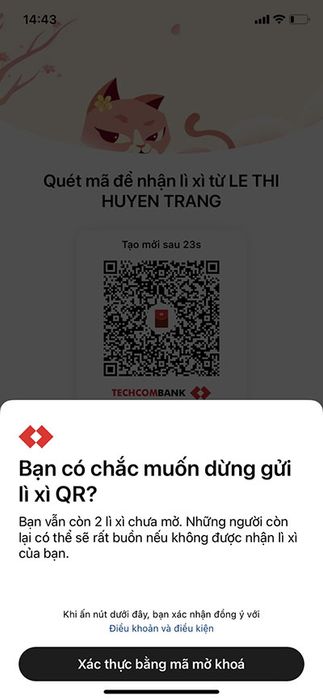 Hướng dẫn lì xì trên app Techcombank: 15414979