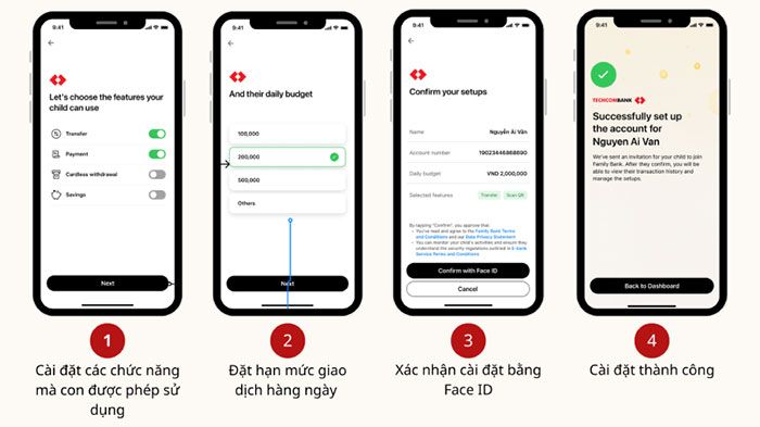 Cha mẹ thực hiện thiết lập chức năng và hạn mức giao dịch cho tài khoản của con