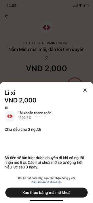 Hướng dẫn lì xì trên app Techcombank: 12414977