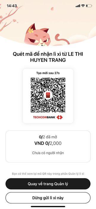 Hướng dẫn lì xì trên app Techcombank: 14414984