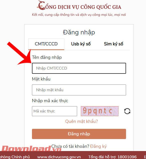 Đăng nhập vào tài khoản Cổng dịch vụ Công Quốc gia