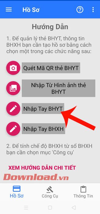 Chọn Nhập thông tin BHYT