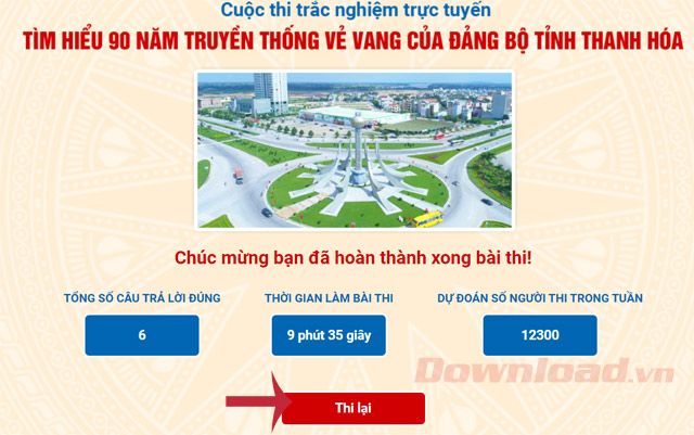 Hoàn thành bài thi, nếu muốn làm lại, nhấn Thi lại