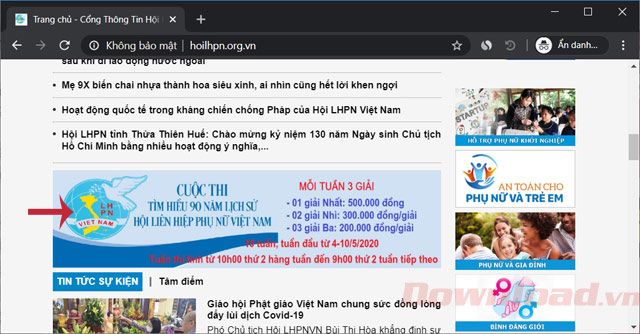 Chạm vào Banner sự kiện trên trang chủ của Hội Liên Hiệp Phụ nữ Việt Nam