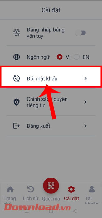 Chọn mục Đổi mật khẩu