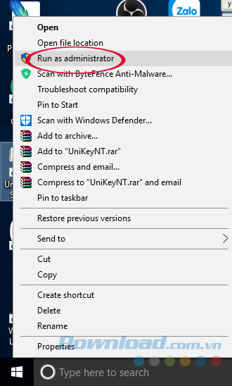 Chạy Unikey với quyền quản trị