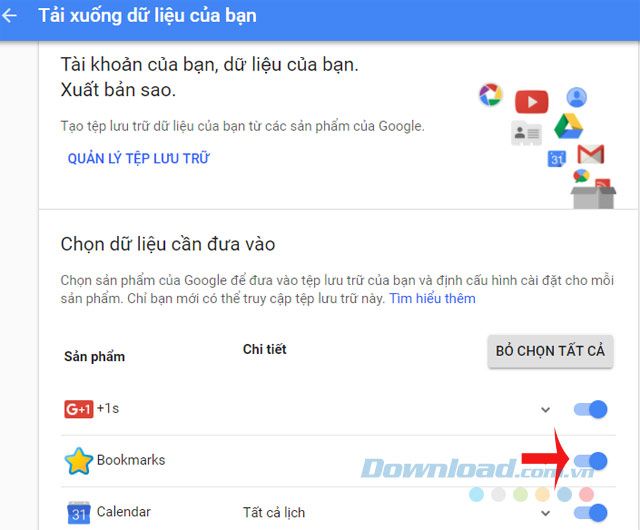 Chọn những dữ liệu muốn tải về