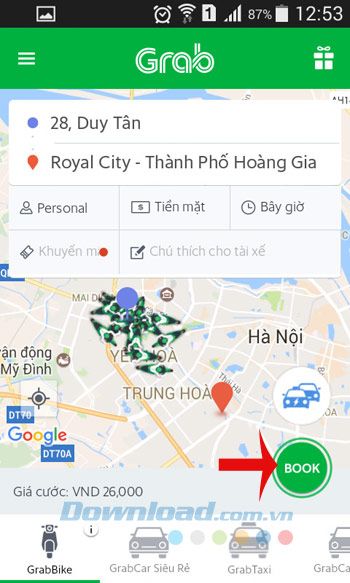 Đặt xe ôm trên Grab