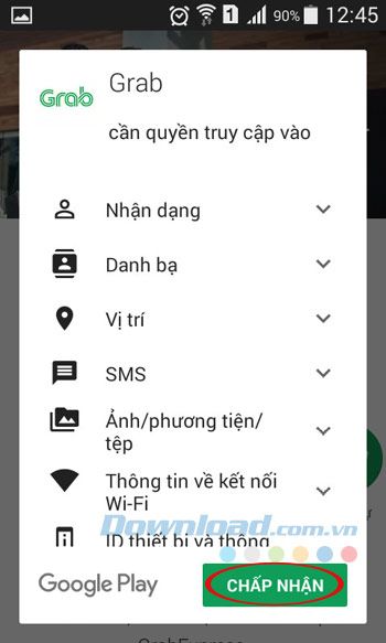 Chấp nhận cài đặt Grab