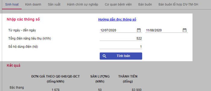 Nhập thông tin về số điện đã sử dụng