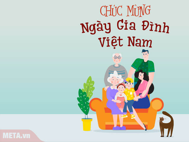 Mẫu thiệp mừng Ngày Gia đình Việt Nam với hình ảnh của ông bà, bố mẹ và các con