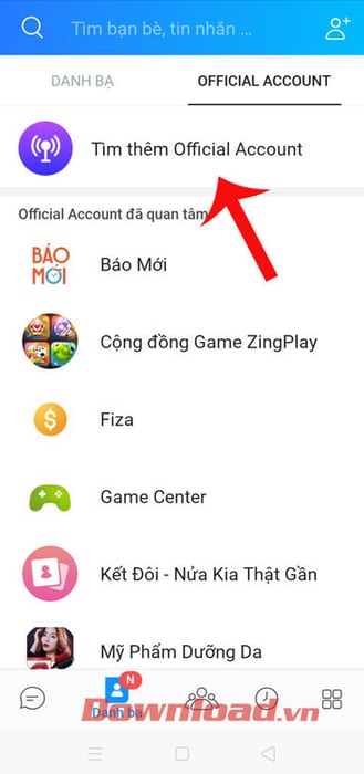 Truy cập trang Official Account trên Zalo