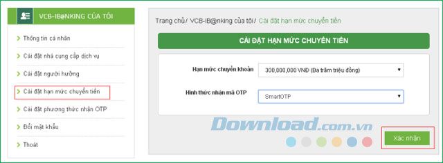 Thiết lập hạn mức chuyển khoản