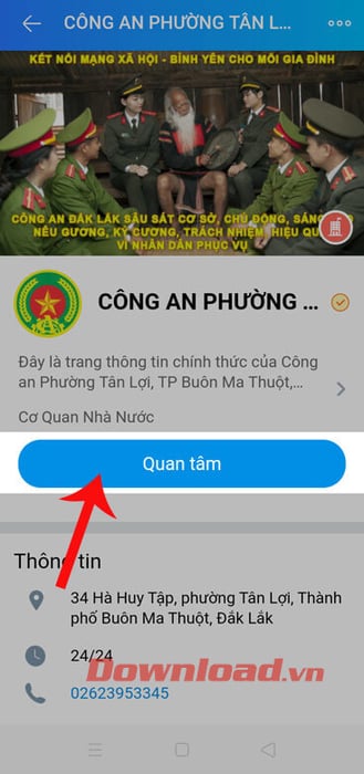 Nhấn vào nút Quan tâm