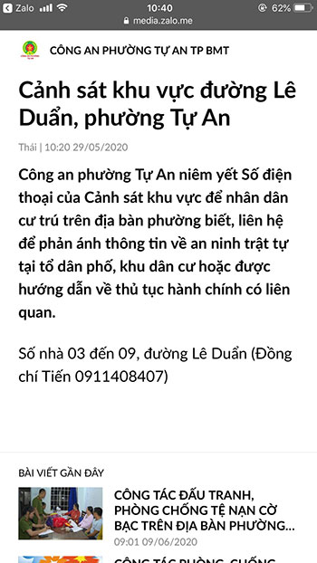 Thông tin về cảnh sát khu vực bạn đã chọn