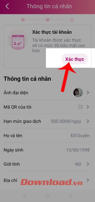 Bấm vào mục Xác thực