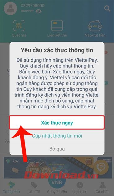 Chọn nút Xác thực ngay