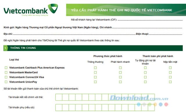 Đơn đề nghị mở thẻ Visa của Vietcombank