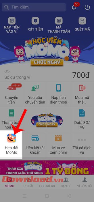 Chọn mục Heo đất MOMO