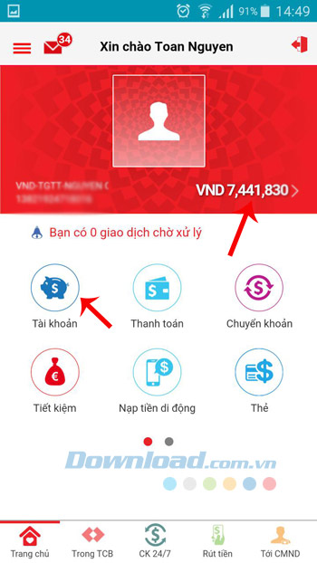 Kiểm tra số dư tài khoản Techcombank