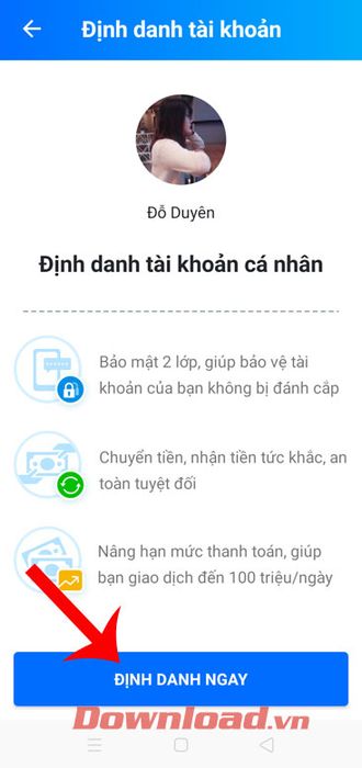 Chạm nút Định danh ngay