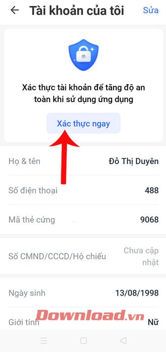 Bấm vào nút Xác thực