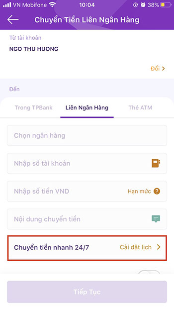 Thực hiện giao dịch chuyển tiền nhanh 24/7