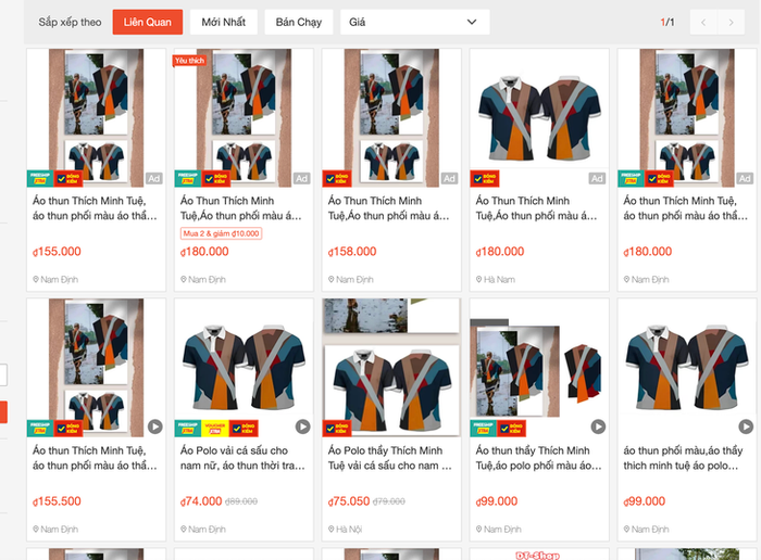 Các mẫu áo thun lấy cảm hứng từ trang phục của thầy Thích Minh Tuệ đang rất phổ biến trên các trang mạng - Ảnh: Screenshot
