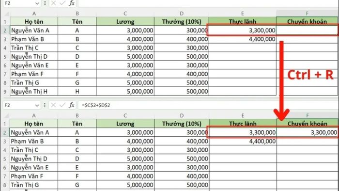 Cách sao chép công thức trong Excel tới ô bên phải