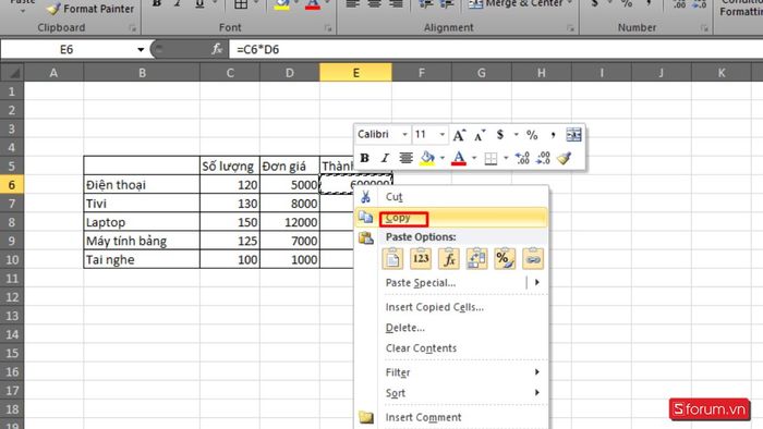 Cách sao chép công thức trong Excel chỉ để sao chép công thức - Bước 2