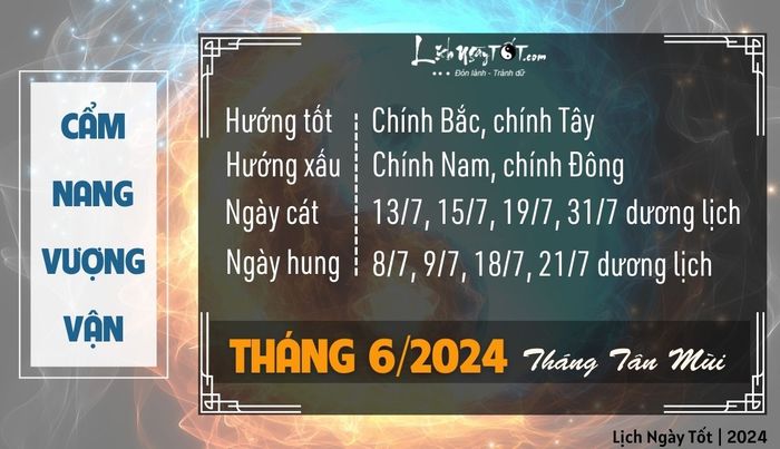 Xem xét Cẩm nang vượng vận tháng 6/2024 âm lịch để có những lời khuyên hữu ích trong cuộc sống hàng ngày của bạn.