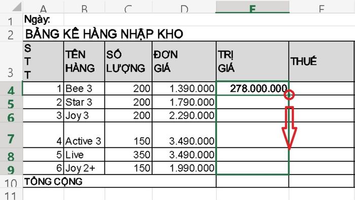 Cách sao chép công thức trong Excel bằng thao tác kéo