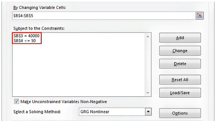 Sử dụng Tìm Nghiệm trong Excel để giải quyết vấn đề ở bước 5