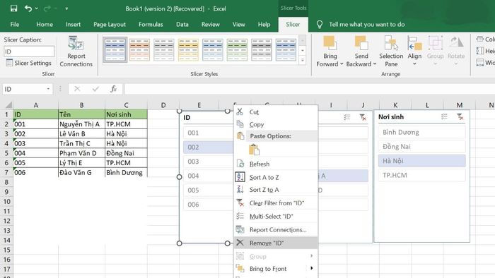 Cách xoá Trình chia bánh trong Excel bước 1