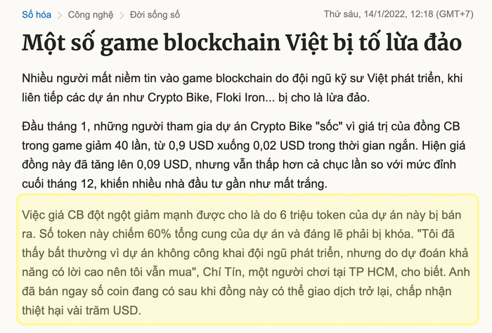 <a href='https://vnexpress.net/mot-so-game-blockchain-viet-bi-to-lua-dao-4415913.html'>Một số game blockchain Việt bị tố lừa đảo - VnExpress Số hóa</a>