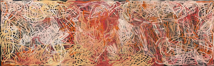 Emily Kam Kngwarray (dân tộc Anmatyerr, Australia), 'Yam awelye', 1995, pô-li-me tổng hợp trên toan, kích thước 150 x 491 cm. Ảnh: Theconversation.com