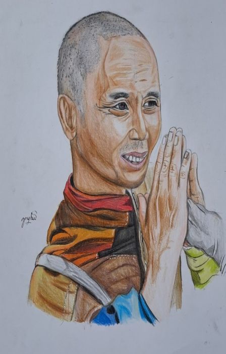 Tác phẩm vẽ sư Thích Minh Tuệ của bé Nghĩa gây bão