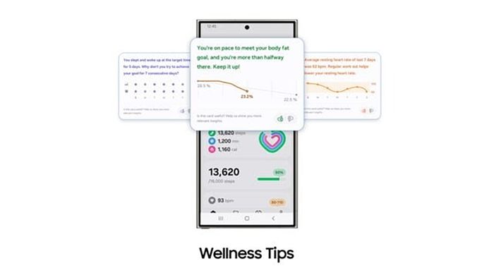 Mẹo Sức Khỏe (Wellness Tips) sẽ tận dụng Galaxy AI để cung cấp thông tin, tạo động lực và hướng dẫn người dùng thực hiện các mục tiêu cá nhân.