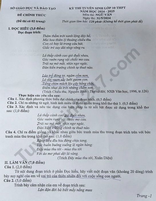 Đề và đáp án môn Ngữ văn vào lớp 10 tại Bình Dương năm 2024