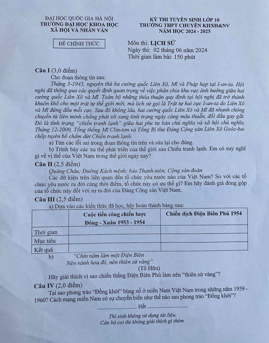 Bài thi cho lớp 10 chuyên Khoa học Xã hội và Nhân văn