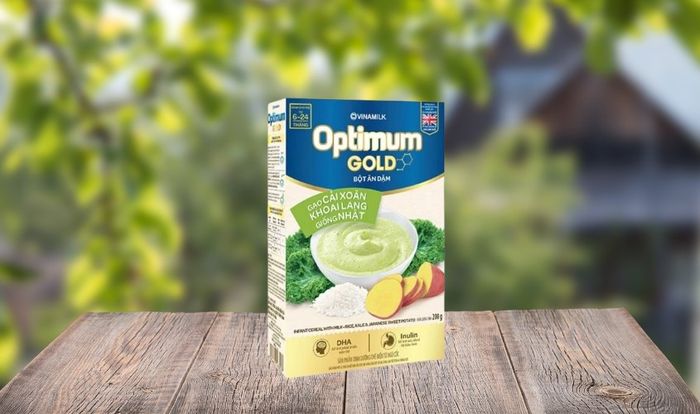 Bột ăn dặm Optimum Gold gạo, cải xoăn và khoai lang hộp 200g (6 - 24 tháng).