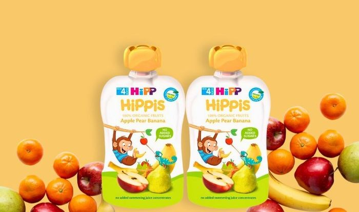 Dinh dưỡng trái cây nghiền HiPPiS với hương vị táo, lê và chuối, đóng gói trong túi 100g