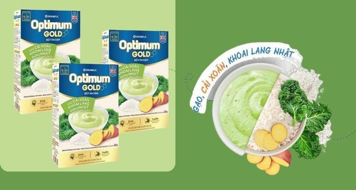 Bột ăn dặm Optimum Gold từ gạo, cải bắp cải và khoai lang, đóng gói trong hộp 200g (6 - 24 tháng)