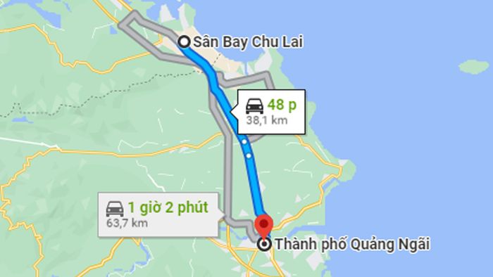 Thời gian từ sân bay Chu Lai về thành phố Quảng Ngãi ước tính từ 48 đến 1 giờ 10 phút.